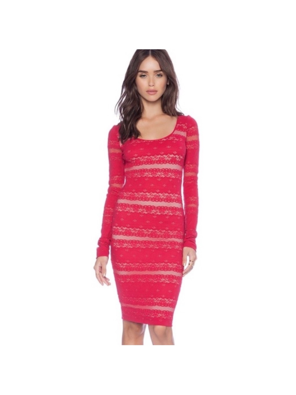 BCBGMAXAZRIA Red Lace Long Sleeve Bodycon Dress